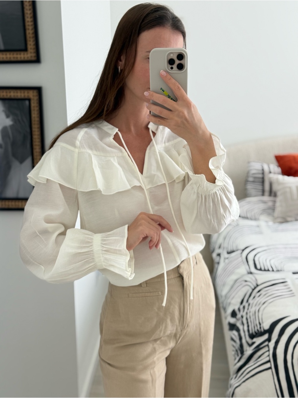 H&M Cream Ruffle-Yoke Tie Front Blouse